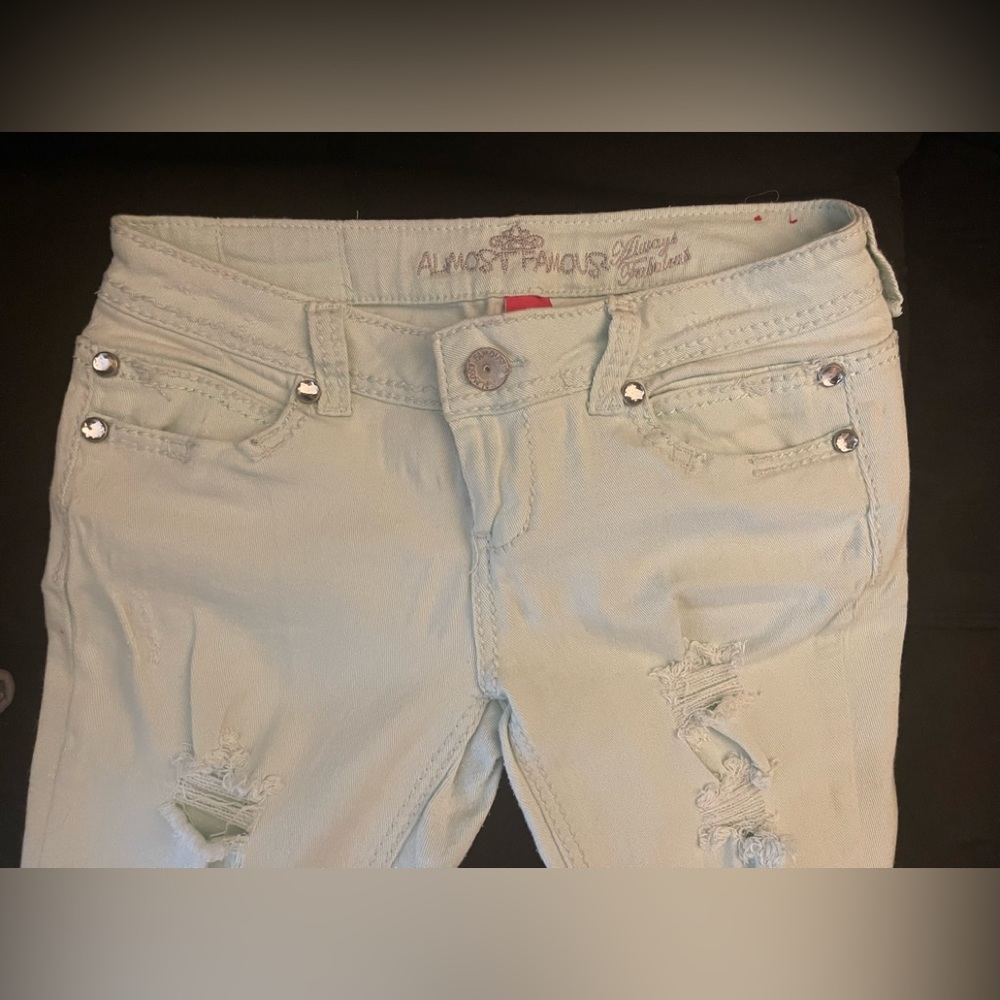Almost Famous Ice Cream Green Ripped Skinny Jeans with diamond stud pockets